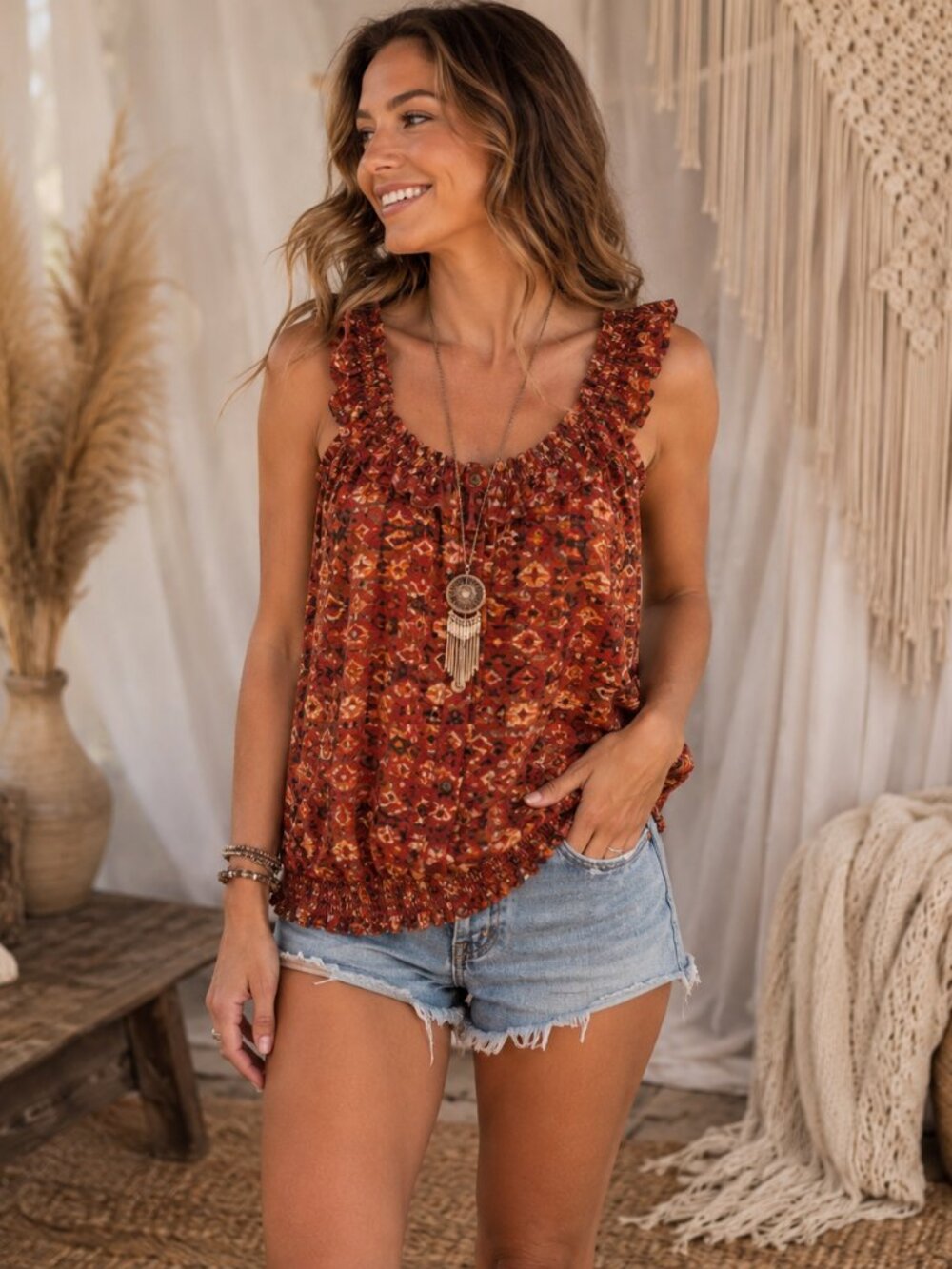 Weavers Peasant Tank Size Large Rust Terracotta Smocked Boho Ruffle Strap Top